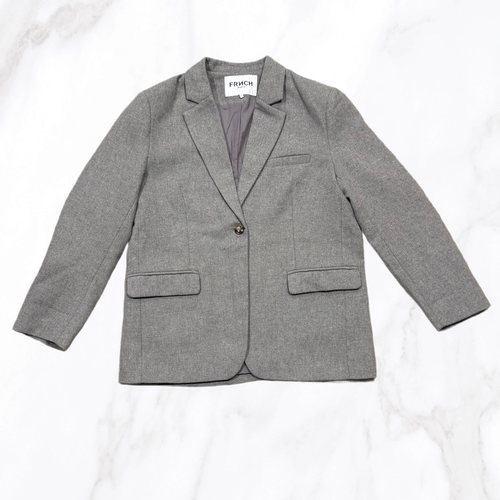 FRNCH Paris Women’s Gray Wool Blend Single Breasted Lamier Blazer, Size 8